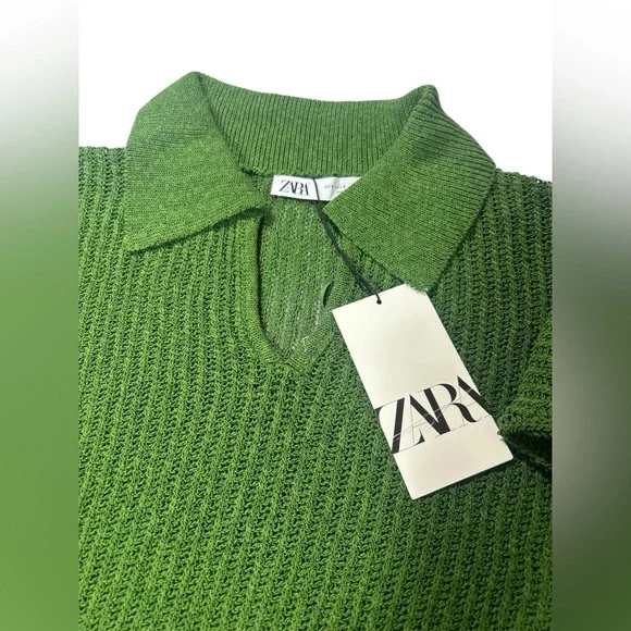 Zara Green Open-Knit Polo Sweater Size S - New with Tags - Picture 5 of 13